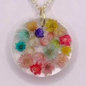 Handmade Real Colorful Dried Flowers Floral Circle Prairie Gold Necklace New